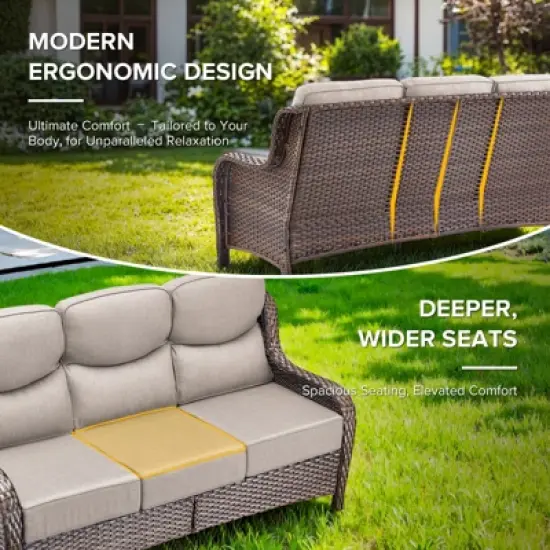 6" Thick Cushion Outdoor Wicker Patio Sofa, All Weather Wicker Outdoor Furniture 3-Seater Sofa High Back Patio Couch for Porch Balcony image {4}