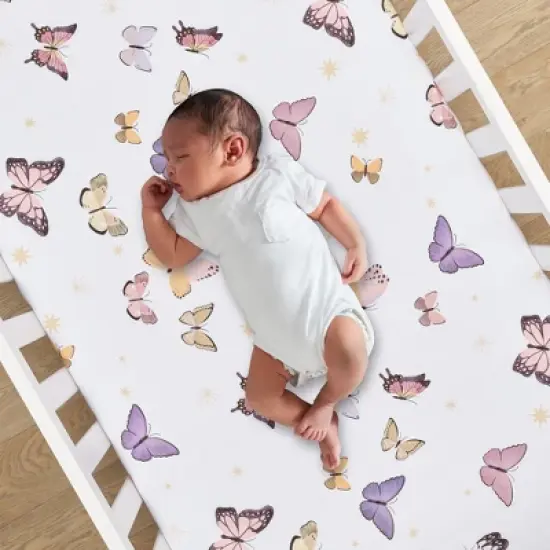 Lambs & Ivy Butterfly Dreams Breathable 100% Cotton Fitted Baby Crib Sheet image {1}