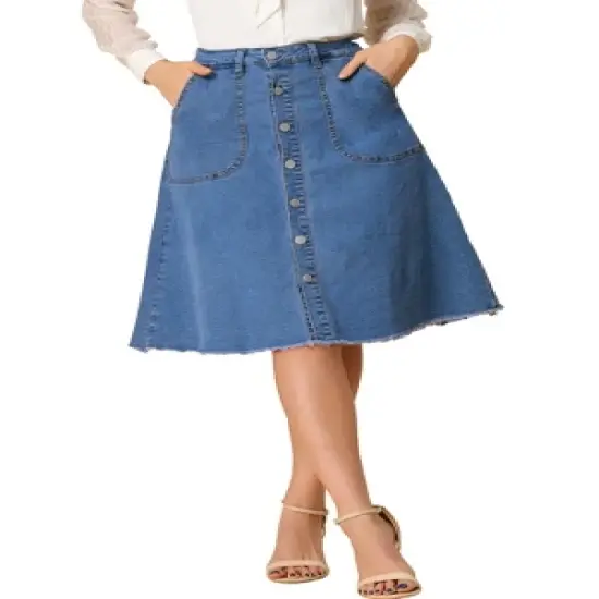 Allegra K Women's Denim Skirts Raw Hem Button Down Midi Jeans Skirt image {6}