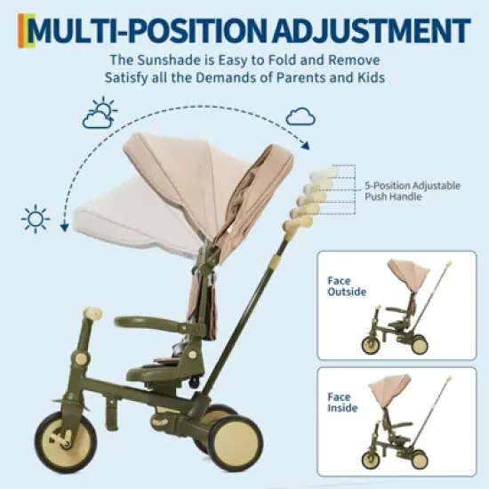 Jojoka 7-in-1 Foldable Baby Tricycle Adjustable Parent Handle Toddler Trike w/ Safety Harness Wheel Brakes & Removable Canopy Green Blue Olive Green image {3}