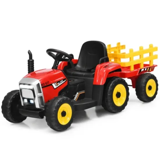 Costway 12V Kids Ride On Tractor with Trailer Ground Loader w/ RC & Lights Red\Pink\Green image {12}