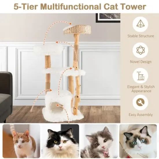 Tangkula 49" Tall Wooden Cat Tree Solid Wood Cat Tower with Jute Scratching Posts image {7}