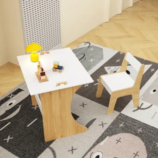 Yinvani White Multifunctional Wood 2 Piece Toddler Table with 1 Chairs Set image {4}
