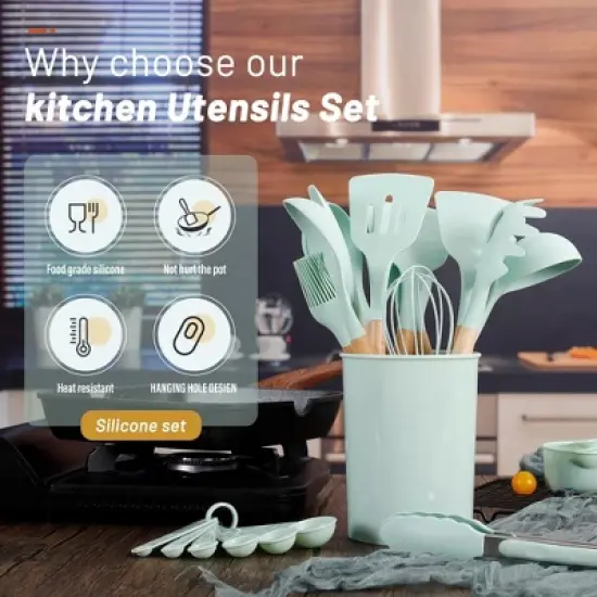 Itopfox 35-Piece Silicone Kitchen Utensil Set with Wooden Handles, Non-Stick Cooking Tools Including Spatula, Spoon, Turner, Tongs, Measuring Cups image {4}