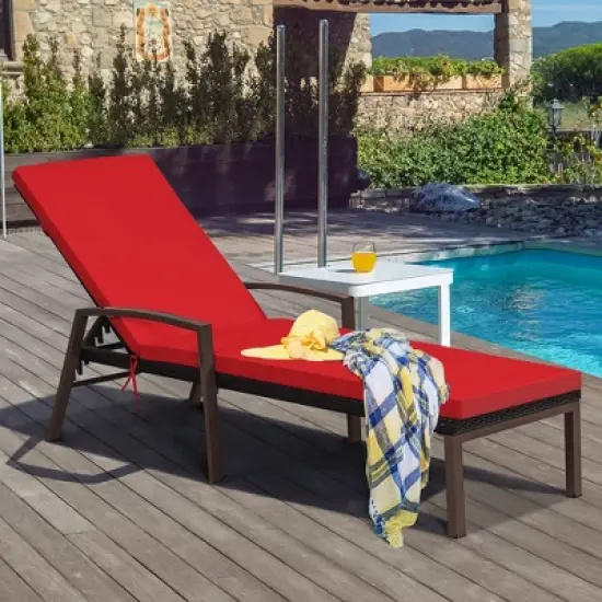 Costway Patio Rattan Lounge Chair Chaise Recliner Back Adjustable Cushioned Outdoor Red image {7}
