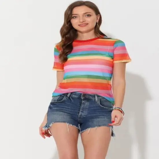 Allegra K Women's Rainbow Blouse Short Sleeve Mesh Sheer Stripe T-Shirt image {4}