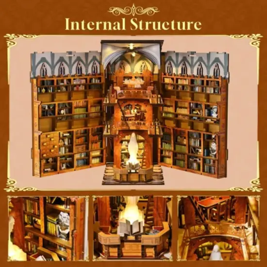 Aoibox Book Nook Kit DIY Miniature Wooden House Puzzle Public Library Bookshelf Decoration with LED Light Dust Cover Craft Gift for Teens Women image {4}