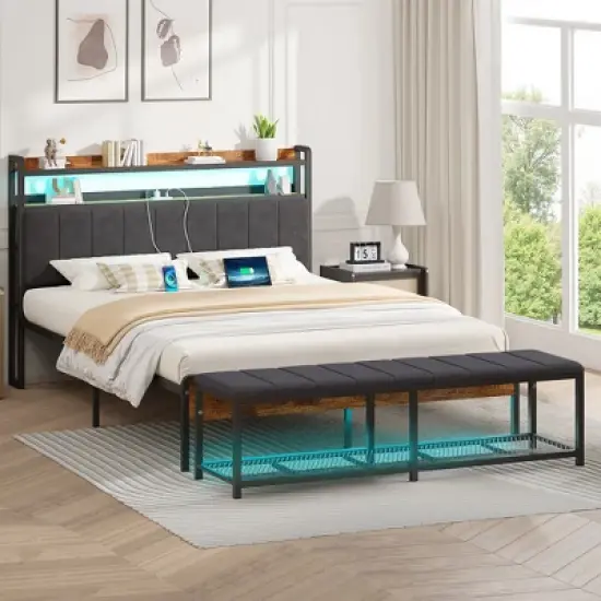VECELO Full/Queen Upholstered Bed Frame with Storage End of Bed Bench, Platform Bed with Headboard & Charging Station, LED Lights, Gray image {13}