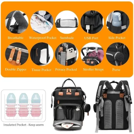 Baby Diaper Bag with Changing Station, Waterproof, Backpack , USB Charging - Black image {3}