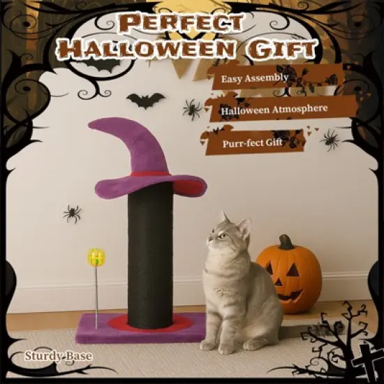 Angel Sar Wizard Hat Cat Scratching Post with Spring Ball Toy, Halloween Spooky Cat Scratcher for Indoor Cats, Purple image {4}