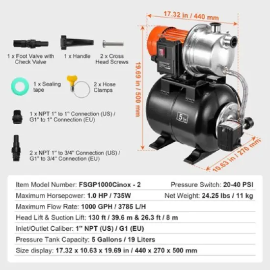VEVOR 1 HP Shallow Well Pump with Pressure Tank, 1000 GPH, Automatic Irrigation Water Booster Pump with 130 ft Head Lift 20/40 PSI Pressure, Black image {7}