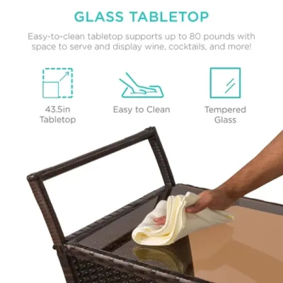 Best Choice Products Wicker Outdoor Rolling Bar Cart w/ Ice Bucket, Glass Countertop, Glass Holders, Storage - Brown image {3}