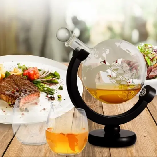 Berkware Globe Etched Whiskey Decanter Set with Interior Hand-Crafted Glass Ship - 28oz with 2 10oz Globe Glasses image {6}