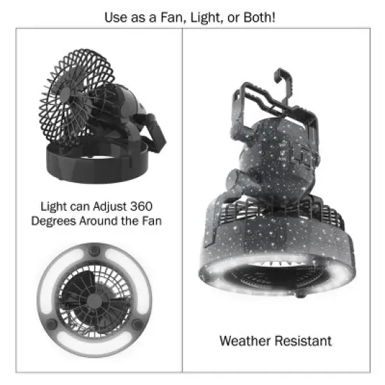 Leisure Sports 2-in-1 Camping Fan and LED Light - Battery-Operated for Hanging or Tabletop Use - Black image {3}