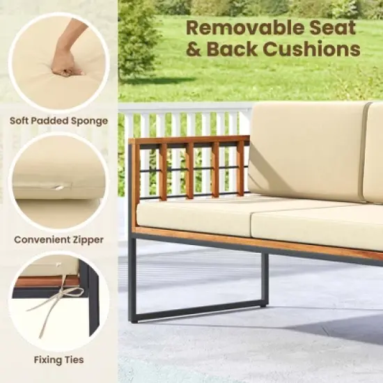 Tangkula Set of Outdoor 4 Acacia Wood Furniture Set with Heavy Duty Metal Frame Soft Seat & Back Cushions Beige image {2}