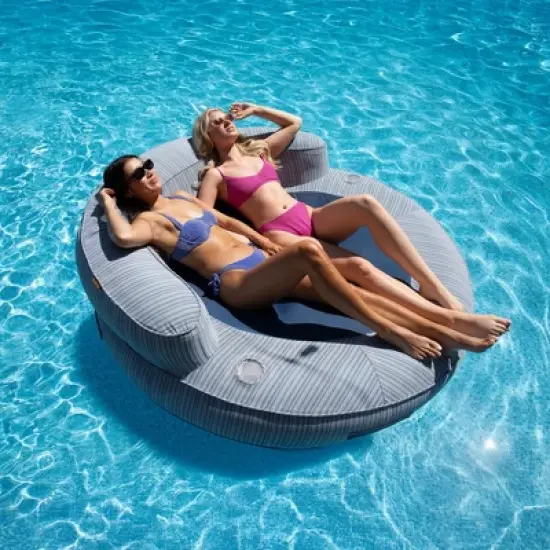 Big Joe Cabanapad Oversized Inflatable Pool Float, Dark Blue & White Stripe, Durable Olefin Fabric, 6 feet image {1}