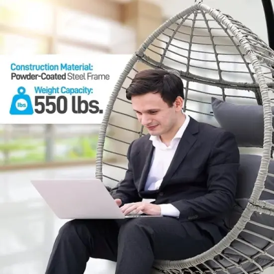 SereneLife Wicker Rattan Swing Chair with Cushion - Gray image {2}