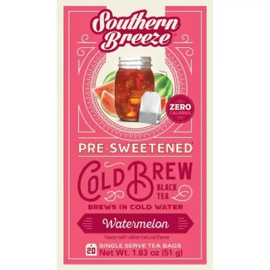 Southern Breeze Cold Brew Sweet Tea Watermelon Iced Tea with 20 Individually Wrapped Tea Bags, Pack of 4 image {1}