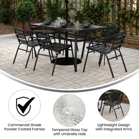 Emma and Oliver 7-Piece Patio Dining Table and Chairs Set with 60" Tempered Glass Top Table, 6 Stack Triple Slat Chairs in Black image {2}