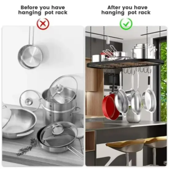 MaseiKar Hanging Pot Rack Ceiling Mount Cookware Organizer with 12pcs Hooks Pots and Pans Storage 33' Oval Pan Hangers for Kitchen, Easy Assembly image {3}