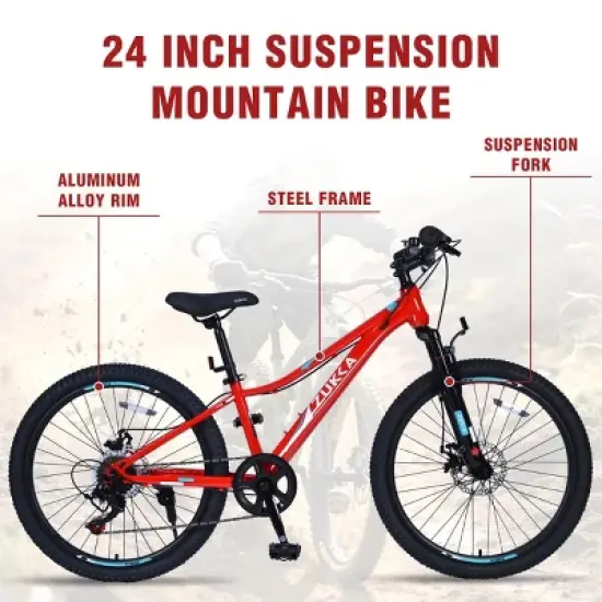 INFURNIC Bicycles Mountain Bike for Girls and Boys 24 Inch Shimano 6 Speed Suspension Fork Disc Brakes, Red, 61.42"*23.63"*36.62" image {4}