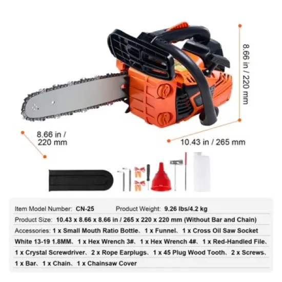 VEVOR Gas Chainsaw, 25.4CC 12" 1.2HP, Gasoline Powered Chain Saw, Handheld Cordless Petrol Chainsaws for Tree Wood Branch Cutting, Orange image {7}