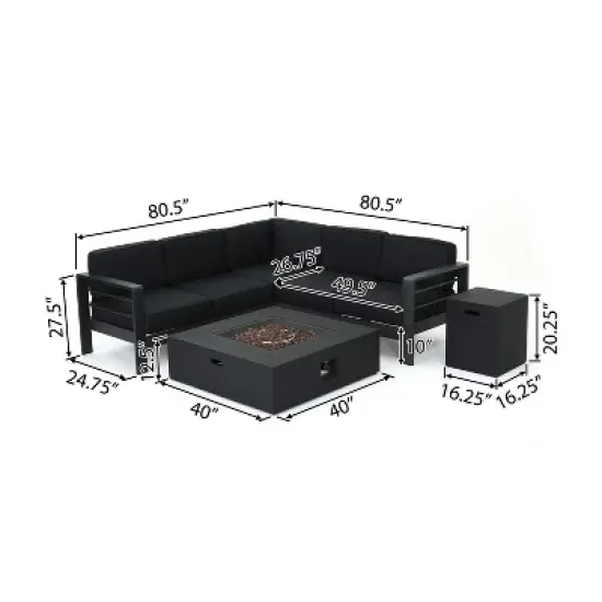 Christopher Knight Home Cape Coral Outdoor Aluminum 5 Seater Sectional Sofa Chat Set with 50000 BTU Fire Pit image {2}
