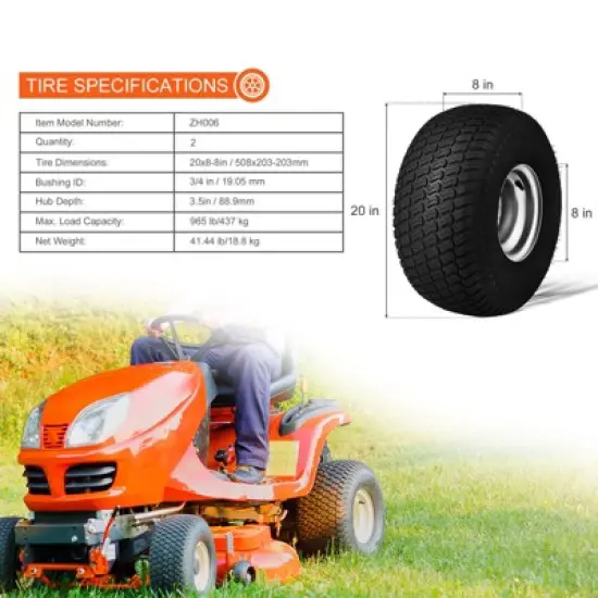VEVOR Lawn Mower Tires with Rim, 20x8-8" Tubeless Tractor Tires, 2-Pack Tire and Wheel Assembly, S-Turf Pneumatic Tires with 3.5" Offset Hub, Black image {7}