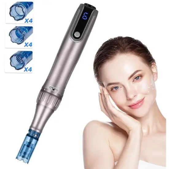 YEVYO Electric Microneedle Derma Roller Pen with 15pcs Replacement Kit - Microneeding 0.25 mm Derma Roller Beauty Pen for Women Men Tools - Grey image {7}