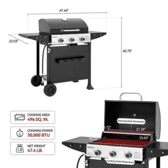 RoyalGourmet 3-Burner BBQ Liquid Propane Gas Grill GH3001HTG Black image {10}