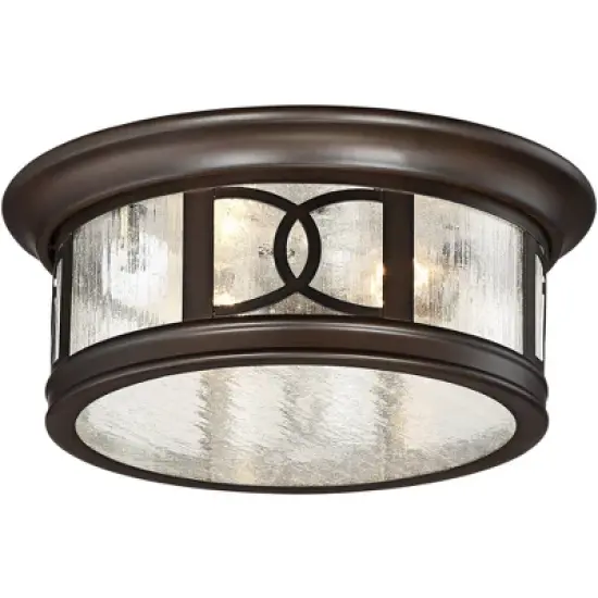 John Timberland Modern Flush Mount Outdoor Ceiling Light Fixture Mission Oil Rubbed Bronze Drum 12" Seedy Glass Damp Rated for Porch Patio image {5}