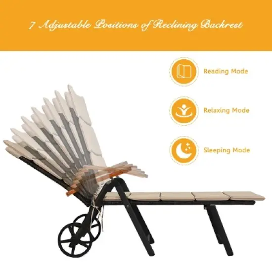 Tangkula 2PCS Folding Outdoor Rattan Chaise Lounge Chair Cushioned Recliner with Wheels& Cushions image {3}