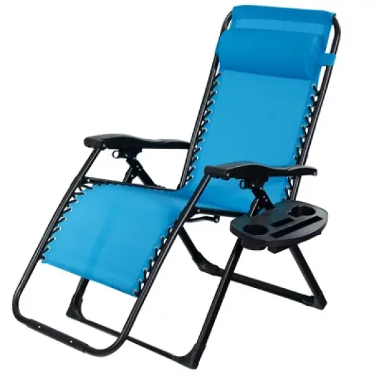 Tangkula Oversized Zero Gravity Lounge Chair Folding Recliner w/ Cup Holder & Pillow Blue image {3}