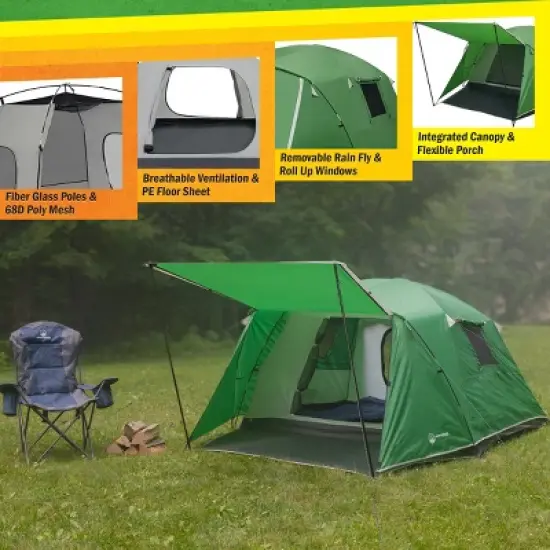 Wakeman Outdoors 4 Person Tent with Porch, Green image {2}