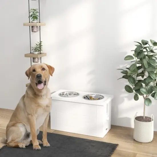 PawHut Elevated Dog Bowls, Pet Feeding Station with Slow Feeder Mat, Storage Cabinet, 3 Stainless Steel Bowls for Large & Extra Large Dogs, White image {2}