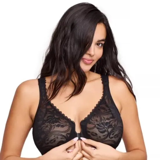 Glamorise Womens WonderWire Front-Closure Stretch Lace Underwire Bra 9245 Black image {2}