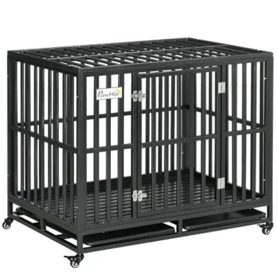 PawHut Heavy Duty Dog Cage Metal Kennel and Crate Dog Playpen with Lockable Wheels, Slide-out Tray and Anti-Pinching Floor image {8}