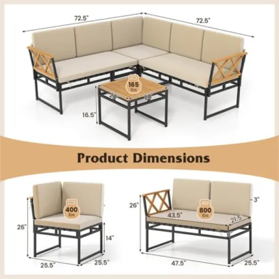 Costway 4 Piece Outdoor Sectional Sofa Set L-Shaped Metal Conversation Set with Cushions image {2}