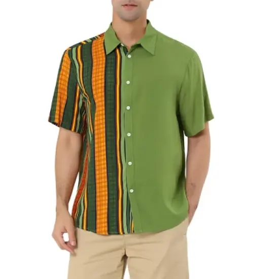 Lars Amadeus Men's Irregular Geometric Color Block Patchwork Button Down Short Sleeve Striped Shirts image {1}