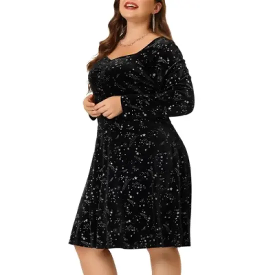 Agnes Orinda Women's Plus Size Outfits Fashion Sparkle Stars Stretch Velvet Long Sleeve Dresses image {5}
