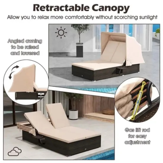 Costway 2-person Rattan Lounge Bed with Retractable Canopy 5-position Adjustable Backrest image {6}