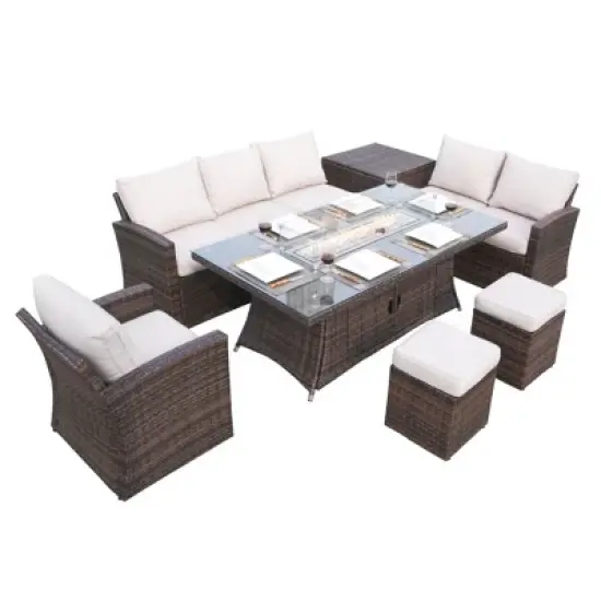 Moda Furnishings 6 - Person Wicker Patio Dining Set with Rectangular Table, Cushions Included image {2}