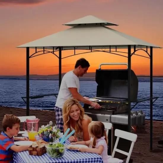 Costway 8' x 5' Grill Gazebo with 2 Shelves 7 Hooks Metal Frame Soft Top Beige/Brown/Gray/Wine image {3}