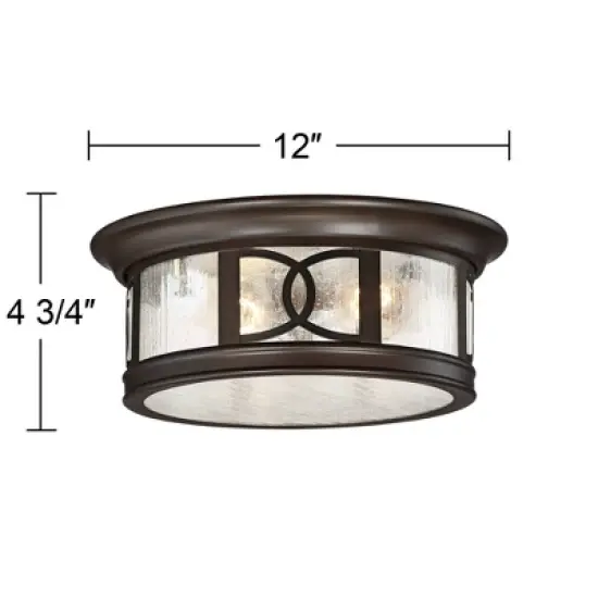 John Timberland Modern Flush Mount Outdoor Ceiling Light Fixture Mission Oil Rubbed Bronze Drum 12" Seedy Glass Damp Rated for Porch Patio image {3}
