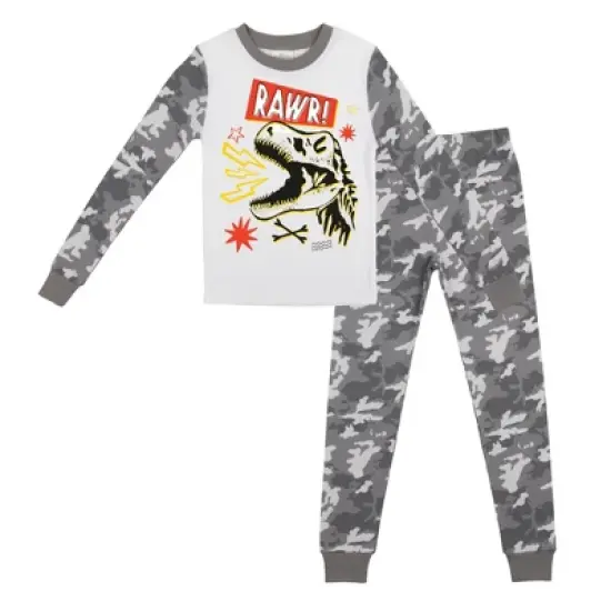 Dinosaur Character with Camo Pattern Youth Long Sleeve Pajama Set image {4}