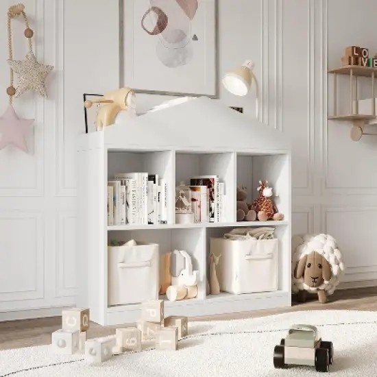 Acekool Kids Roof Bookshelf, 5-Cube Storage Organizer with Roof Shelf, Modern Bookcase for Playroom Bedroom Classroom, 35 x 35 x 12 Inch image {8}