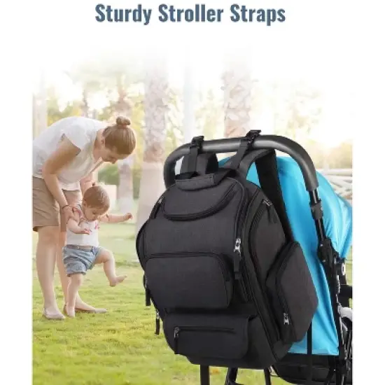 Itopfox Multifunctional Diaper Backpack with Insulated Pockets, Water Resistant Baby Bag for Men & Women, Stroller Straps, Black image {2}