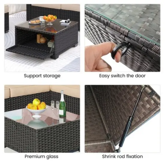 Patio Furniture Sets 6 Pieces, PE Rattan Daybed with Retractable Canopy& Adjustable Backrest Outdoor Sectional Furniture with Glass Coffee Table image {4}