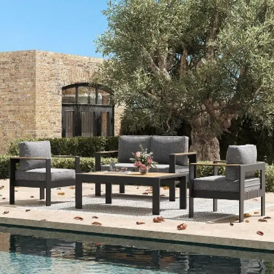 LayinSun Outdoor Patio Furniture Aluminum Loveseat, All-Weather Metal Sofa with 5" Thick Cushions for Porch, Balcony image {7}