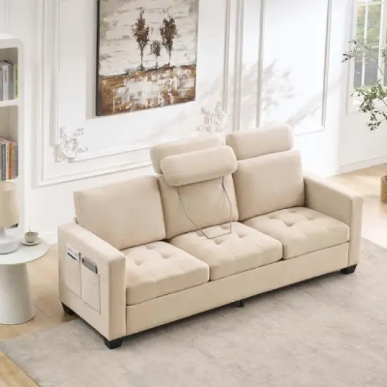 3 Seat Sofa Couch, 89'' Chenille Fabric Upholstered Sofa with Wide Armrest and Removable Headrest, Comfy Couches with Side Storage Pockets image {5}
